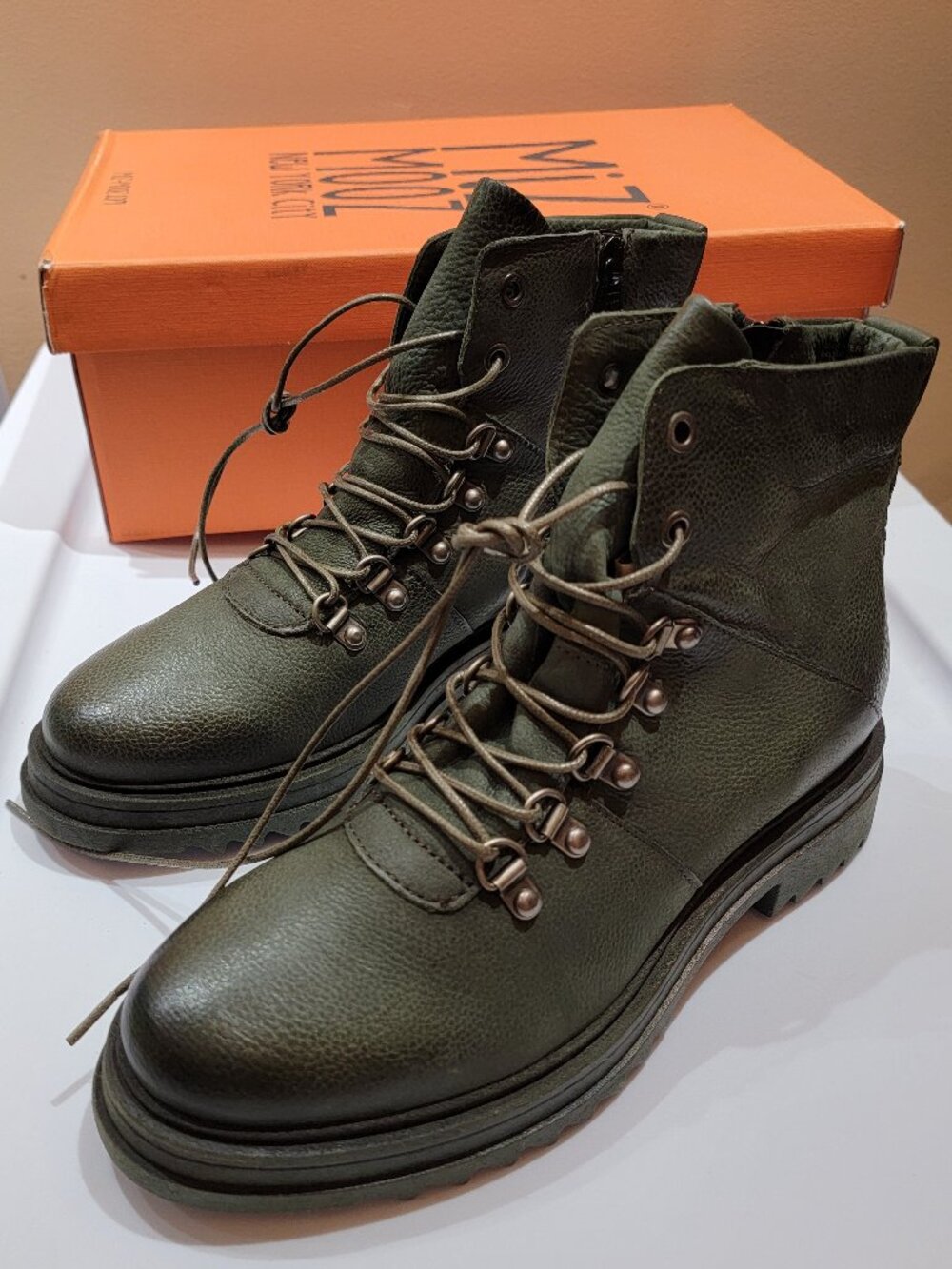 Miz Mooz Freddie Leather Combat Boot, FOREST, Size 8.5-9US/39EU, NIB